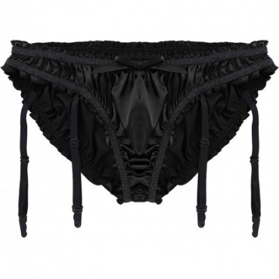 Briefs Men's Satin Ruffled Flutter Lined Triangle Briefs Sissy Pouch Panties with Plastic Garters - Black - CI18EIHW76C