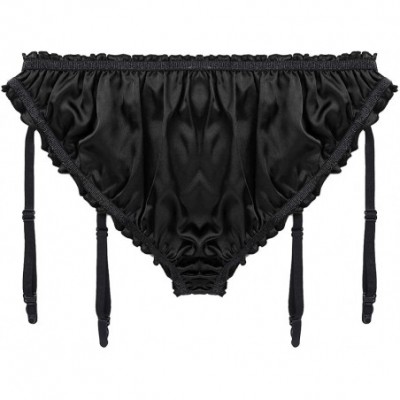 Briefs Men's Satin Ruffled Flutter Lined Triangle Briefs Sissy Pouch Panties with Plastic Garters - Black - CI18EIHW76C