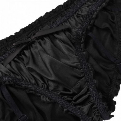 Briefs Men's Satin Ruffled Flutter Lined Triangle Briefs Sissy Pouch Panties with Plastic Garters - Black - CI18EIHW76C