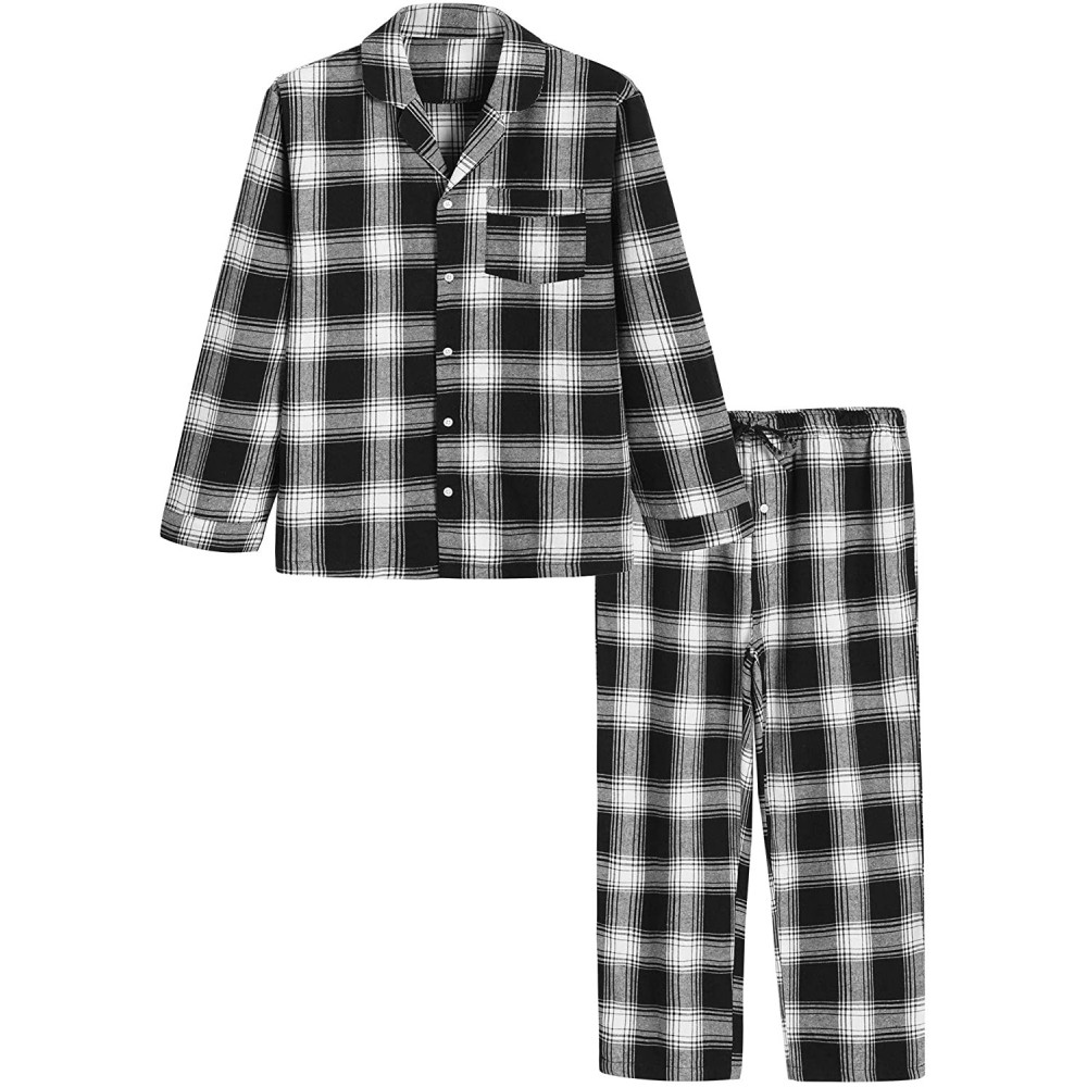 Sleep Sets Men's Cotton Pajama Set Plaid Woven Sleepwear - Black - C518HX8D2TI