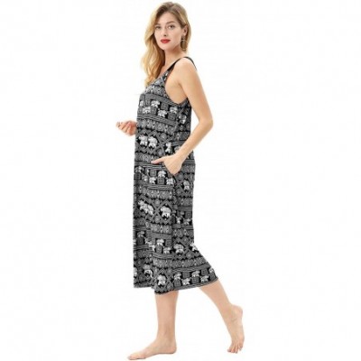 Nightgowns & Sleepshirts Women Long Sleeveless Nightgown Casual U-Neck Printed Sleepwear with Pockets - Black - CF18DN4T8GT