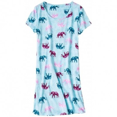 Nightgowns & Sleepshirts Women's Cotton Nightgown Sleepwear Short Sleeves Shirt Casual Print Sleepdress - Blue Elephant - CD1...