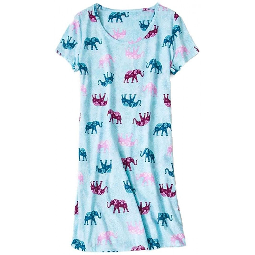 Nightgowns & Sleepshirts Women's Cotton Nightgown Sleepwear Short Sleeves Shirt Casual Print Sleepdress - Blue Elephant - CD1...