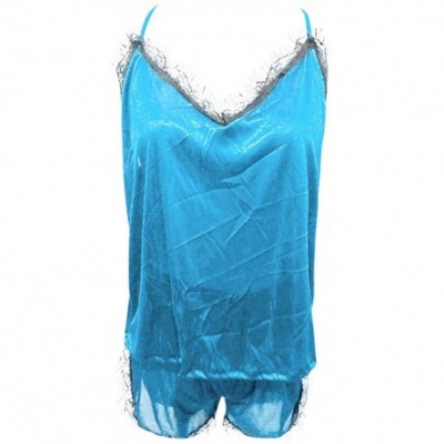 Slips Women Sleepwear Sleeveless Strap Nightwear Lace Trim Satin Cami Top Pajama Sets - Blue - CD18YRCNTUN