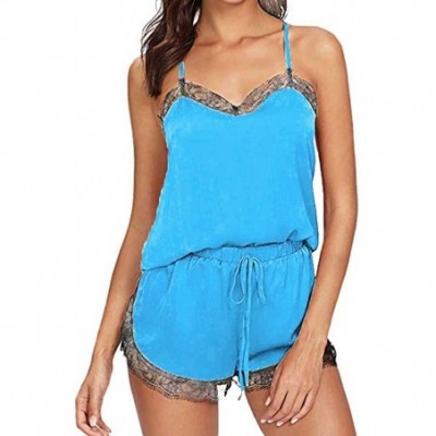 Slips Women Sleepwear Sleeveless Strap Nightwear Lace Trim Satin Cami Top Pajama Sets - Blue - CD18YRCNTUN