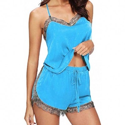 Slips Women Sleepwear Sleeveless Strap Nightwear Lace Trim Satin Cami Top Pajama Sets - Blue - CD18YRCNTUN