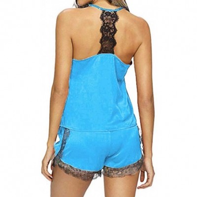 Slips Women Sleepwear Sleeveless Strap Nightwear Lace Trim Satin Cami Top Pajama Sets - Blue - CD18YRCNTUN