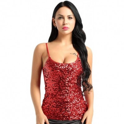 Camisoles & Tanks Women's Sparkle Sequins Spaghetti Straps Camisole Summer Night Club Party Tank Tops Shirt - Red - CY1908O0W0N