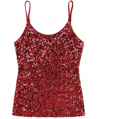 Camisoles & Tanks Women's Sparkle Sequins Spaghetti Straps Camisole Summer Night Club Party Tank Tops Shirt - Red - CY1908O0W0N