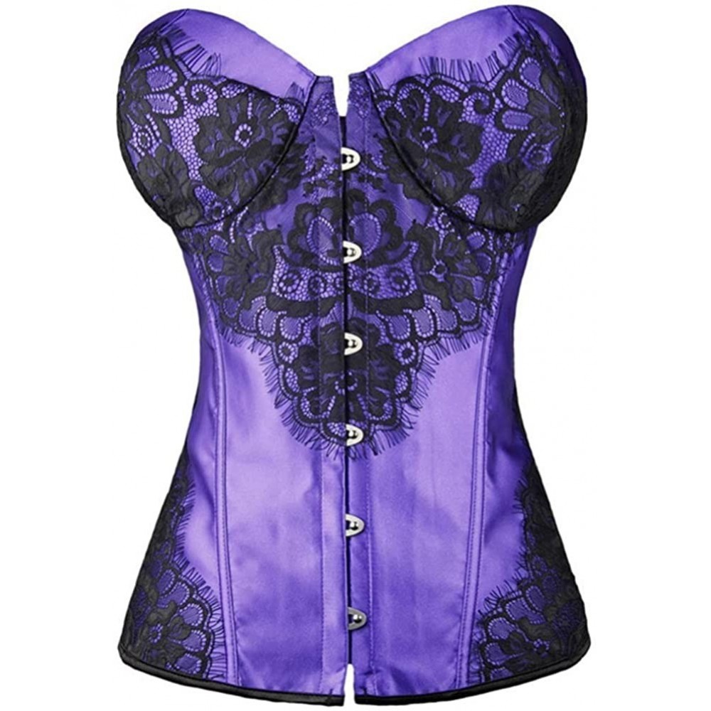 Bustiers & Corsets Women Retro Lace up Corset Overbust G-String Top Corset Plastic Boned-C332 - Purple - CG190ORLD3G