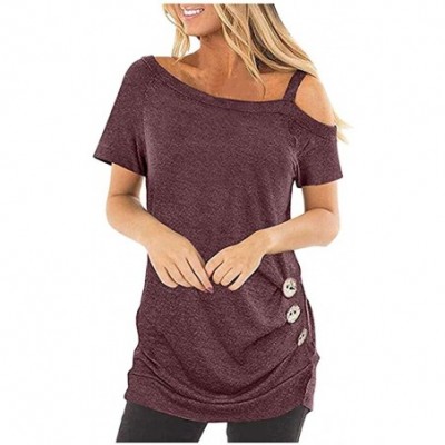 Thermal Underwear Womens Cold Shoulder Tops Twist Knot T Shirts Summer Strap Button Down Short Sleeve Tunic Blouses - Wine - ...