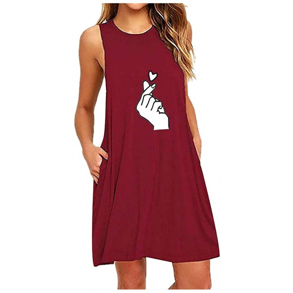 Nightgowns & Sleepshirts Women's Round Neck Dress Daisy Print O-Neck Pocket Printing Sleeveless Casual Nightdress - Winered -...