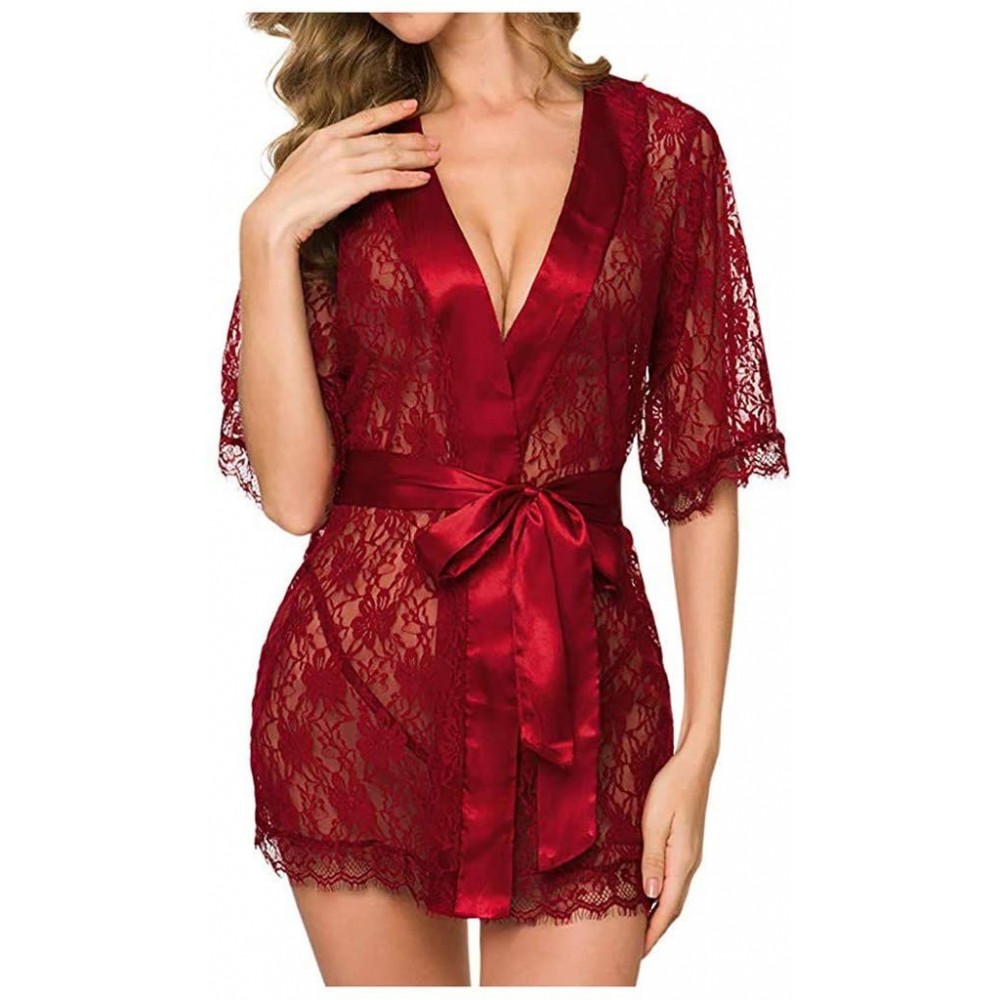 Baby Dolls & Chemises Women Sexy Lingerie Babydoll Sleepwear Underwear Lace Coat Briefs Nightwear - Wine - CT199UW9NWH