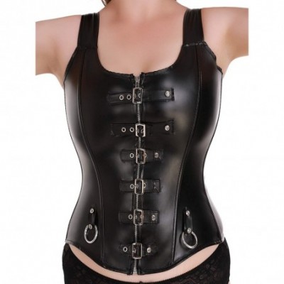 Bustiers & Corsets Faux Leather Corset Buckle-up Overbust Basque Bustier Steampunk Parties Costume for Women - Black 3 - CC18...