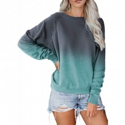 Tops Women's Casual Crewneck Long Sleeve Sweatshirt Solid Color & Ombre Tie Dye Loose Pullover Top Shirts - B Blue - CO19DES8IL3