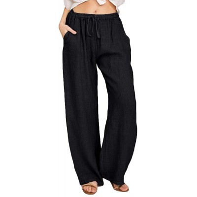 Bottoms Women Pockets Loose Drawstring Solid Cotton Linen Wide Leg Palazzo Lounge Pants - Black - CB19DUCSQE0