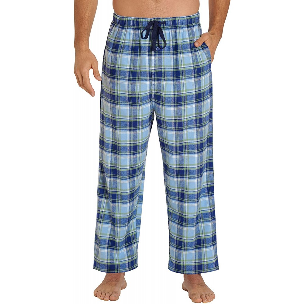 Sleep Bottoms Sleepwear Mens Flannel Pajama Pants- Long 100% Cotton Pj Bottoms - Blue Plaid - C7187WR0YY6