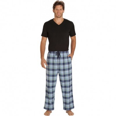 Sleep Bottoms Sleepwear Mens Flannel Pajama Pants- Long 100% Cotton Pj Bottoms - Blue Plaid - C7187WR0YY6