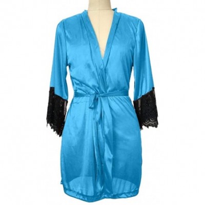 Robes Women Spring Bath Robe- Lady Silk Kimono Nightwear Dressing Gown Sleepwear Lingerie Belt Bath Robe - Sky Blue - C718MCN...