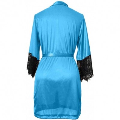 Robes Women Spring Bath Robe- Lady Silk Kimono Nightwear Dressing Gown Sleepwear Lingerie Belt Bath Robe - Sky Blue - C718MCN...