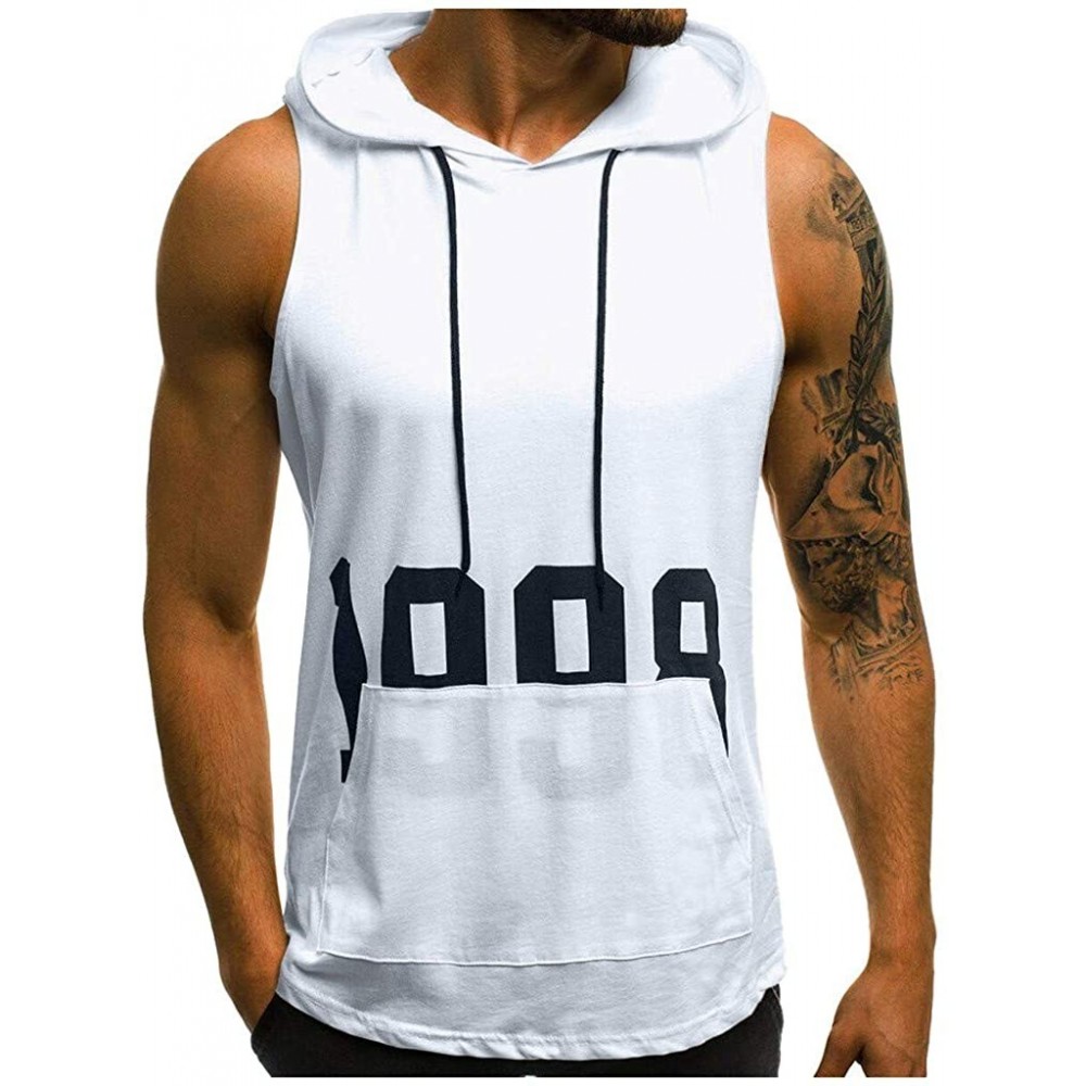 Thermal Underwear Men's Workout Hooded Tank Tops Bodybuilding Muscle Cut Off T Shirt Sleeveless Gym Hoodies - White B - CE194...