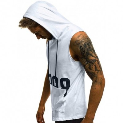 Thermal Underwear Men's Workout Hooded Tank Tops Bodybuilding Muscle Cut Off T Shirt Sleeveless Gym Hoodies - White B - CE194...