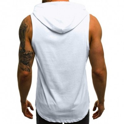 Thermal Underwear Men's Workout Hooded Tank Tops Bodybuilding Muscle Cut Off T Shirt Sleeveless Gym Hoodies - White B - CE194...