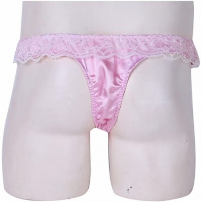 Briefs Men's Sissy Silky Shiny Lace Bulge Pouch Low Rise Bikini Briefs Crossdress Lingerie - Pink - CK19CSKW8ZW