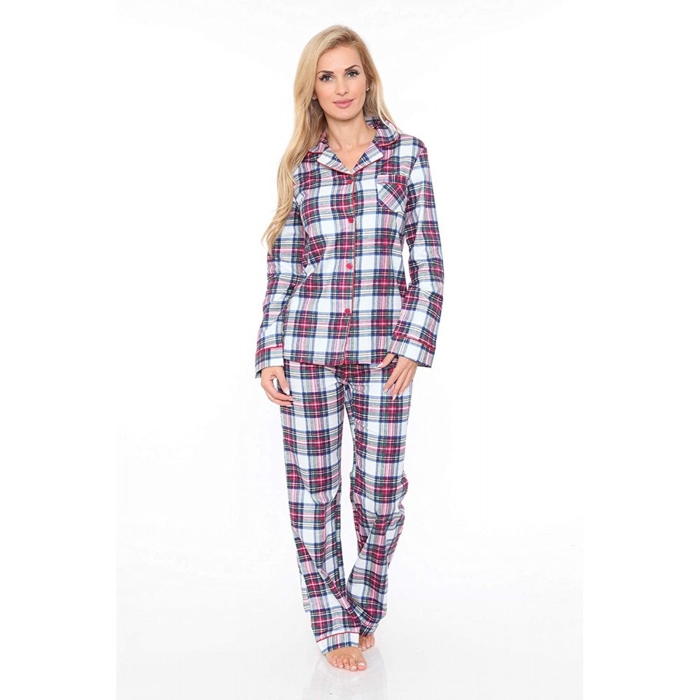 Sets Women's Flannel Pajama Set 100% Cotton 2-PC PJ Set Sleepwear - Red / White Plaid - CL18ICC006O