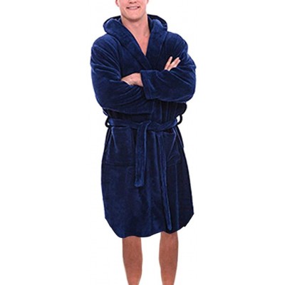 Robes Mens Cotton Terry Cloth Bathrobe Shawl Collar Velour Home Spa Robe Hooded Plush Warm Fleece Long Robes - Dark Blue - CN...