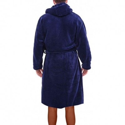 Robes Mens Cotton Terry Cloth Bathrobe Shawl Collar Velour Home Spa Robe Hooded Plush Warm Fleece Long Robes - Dark Blue - CN...