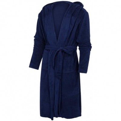 Robes Mens Cotton Terry Cloth Bathrobe Shawl Collar Velour Home Spa Robe Hooded Plush Warm Fleece Long Robes - Dark Blue - CN...