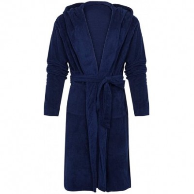 Robes Mens Cotton Terry Cloth Bathrobe Shawl Collar Velour Home Spa Robe Hooded Plush Warm Fleece Long Robes - Dark Blue - CN...