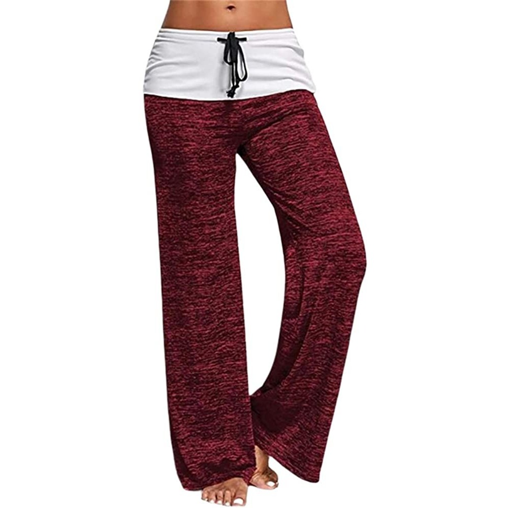 Bottoms Women's Comfy Casual Pajama Pants Pure Color Drawstring Casual Pants Wide Leg for Sport Yoga - Wine Red - CY18YCE9L4S