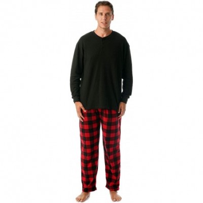 Sleep Sets Pajama Set for Men with Thermal Henley Top and Polar Fleece Pants - Black With Red Black Buffalo Plaid Pant - C218...