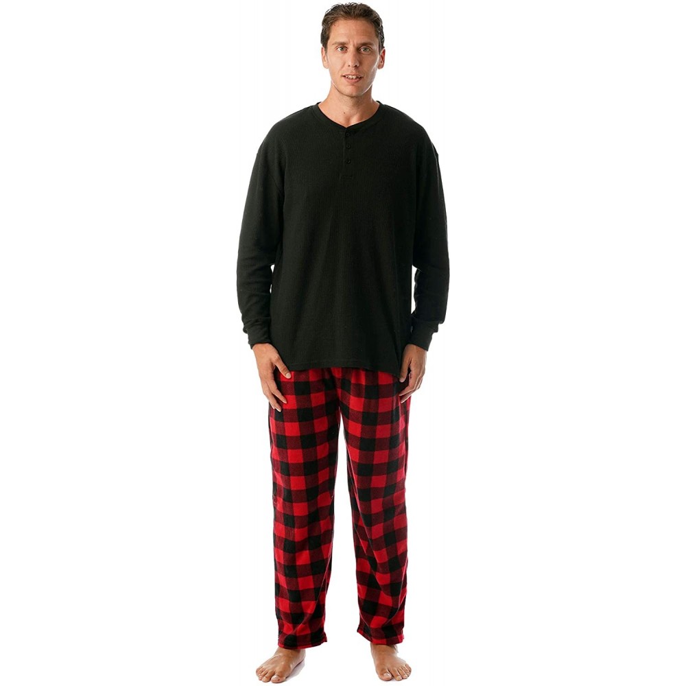 Sleep Sets Pajama Set for Men with Thermal Henley Top and Polar Fleece Pants - Black With Red Black Buffalo Plaid Pant - C218...