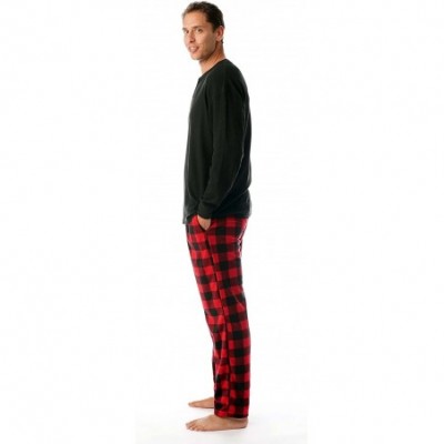 Sleep Sets Pajama Set for Men with Thermal Henley Top and Polar Fleece Pants - Black With Red Black Buffalo Plaid Pant - C218...