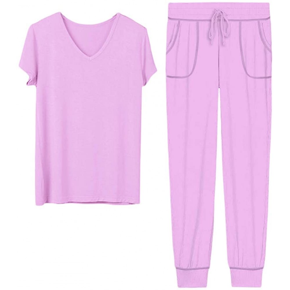 Sets Women's Soft Pajamas Set Short Sleeve V-Neck Sleepwear with Joggers Pants Pjs Sets 2-Piece Loungewear Nightwear - Lavend...