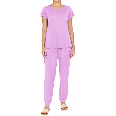 Sets Women's Soft Pajamas Set Short Sleeve V-Neck Sleepwear with Joggers Pants Pjs Sets 2-Piece Loungewear Nightwear - Lavend...