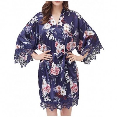 Robes Women Simulation Silk Print Bride Robe Fashion Gown Bath Robe Lingerie Sleepwear - Dark Blue - CM194L7A35U