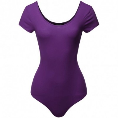 Shapewear Women's Solid Cotton Based Scoop Front and Back Cap Sleeves Bodysuit - Aawbss0001 Dark Purple - CE18OCY94IU