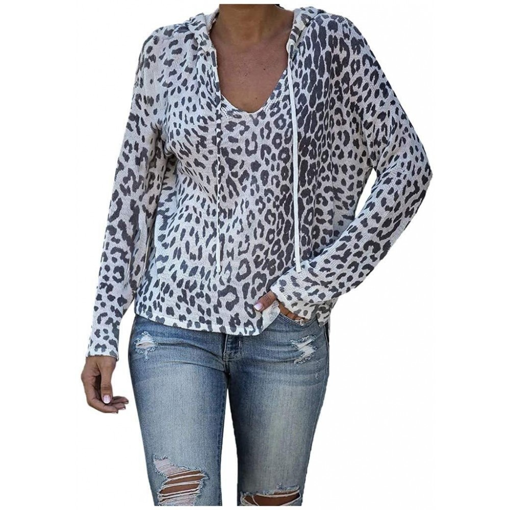 Nightgowns & Sleepshirts Women's Hooded Tops Lightweight Long Sleeve Leopard Print Casual Pullover Blouse - Gray - CP19DOKUZH6