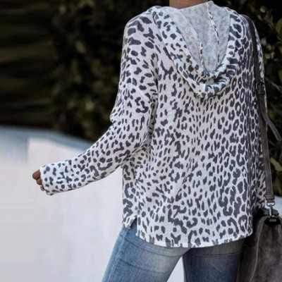 Nightgowns & Sleepshirts Women's Hooded Tops Lightweight Long Sleeve Leopard Print Casual Pullover Blouse - Gray - CP19DOKUZH6