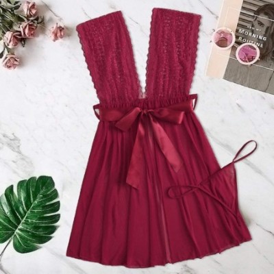 Bras Pajamas Set Women Lace Lingerie Bowknot Sleepwear Underwear Lace Dress G-String Nightdress - Winered - CS18XEX5UH3