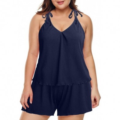 Sets Women's Plus Size Pajama Cami Shorts Set Spaghetti Strap Soft Loungewear Sleepwear - Dark Blue - C51987WMK2L