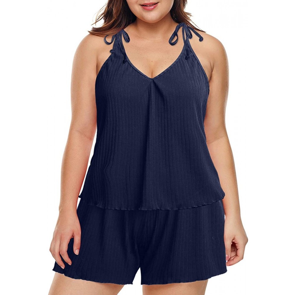 Sets Women's Plus Size Pajama Cami Shorts Set Spaghetti Strap Soft Loungewear Sleepwear - Dark Blue - C51987WMK2L