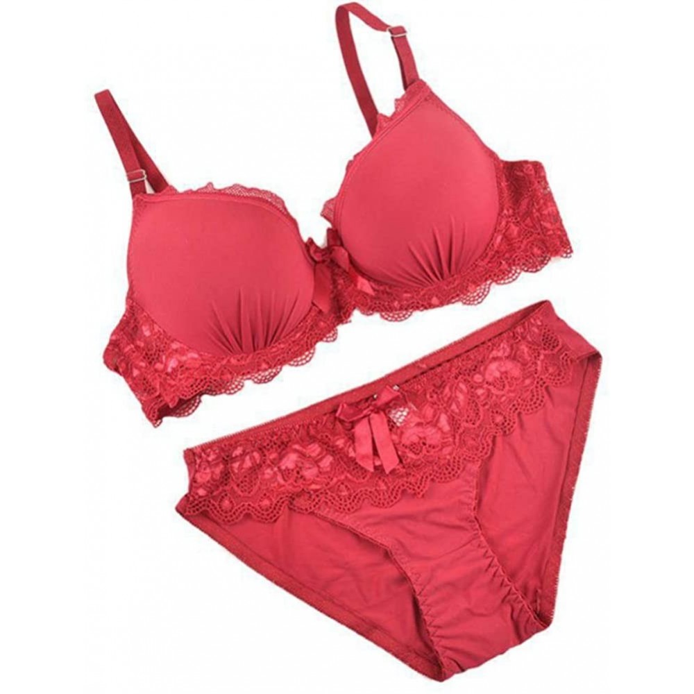 Bras Women Lace Bow Knot Bra Set Push Up Bra with Underwire Panties Outfit - Red - C918C9K6K7O