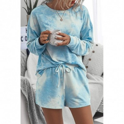 Sets Women 2 Piece Outfits Off Shoulder Long Sleeve Casual Sweatsuits - Shorts-1blue - CD199N44L76