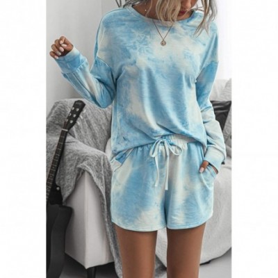 Sets Women 2 Piece Outfits Off Shoulder Long Sleeve Casual Sweatsuits - Shorts-1blue - CD199N44L76