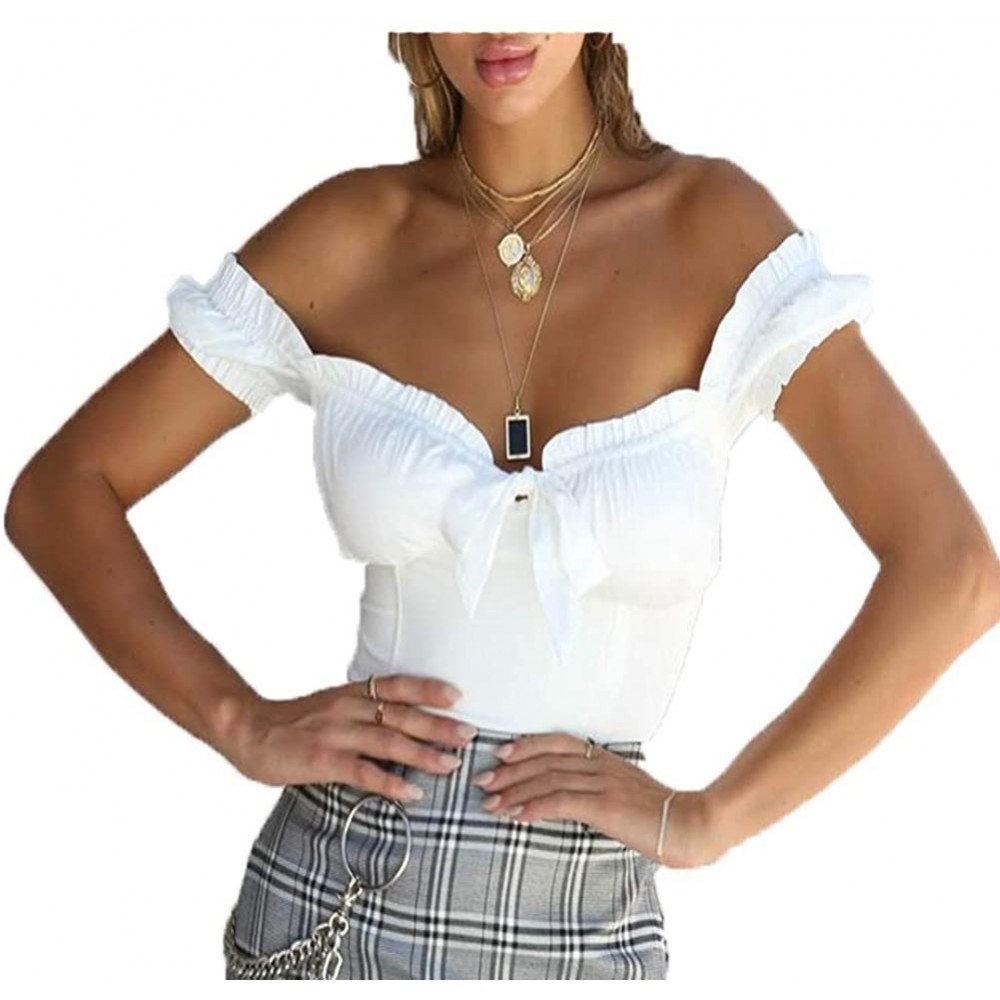 Shapewear Women's Short Sleeve Off Shoulder Bodysuit Ruffles V-Neck Jumpsuit Romper Leotard Tops - Plaid Crop Top - CS190QXRNRM